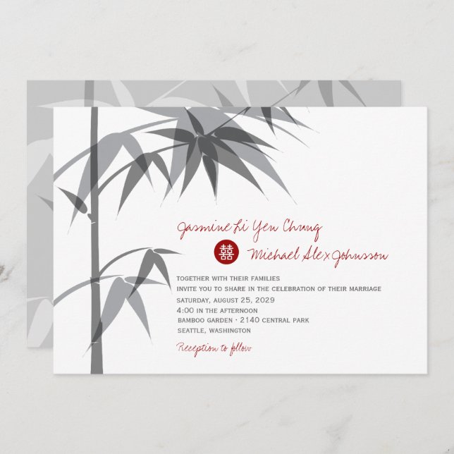 Simple Oriental Bamboo Tree Modern Chinese Wedding Invitation (Front/Back)