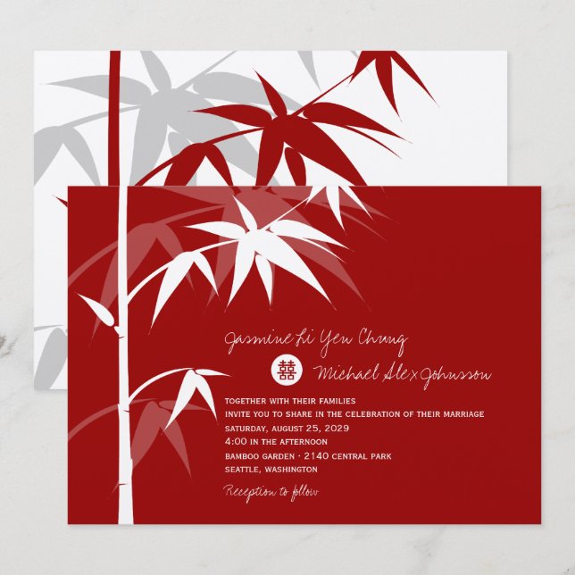 Simple Oriental Bamboo Tree Modern Chinese Wedding Invitation (Front/Back)