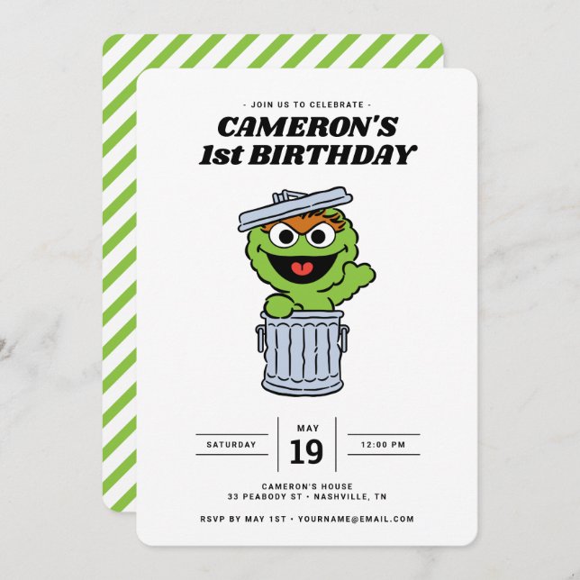Simple Oscar the Grouch 1st Birthday Invitation (Front/Back)