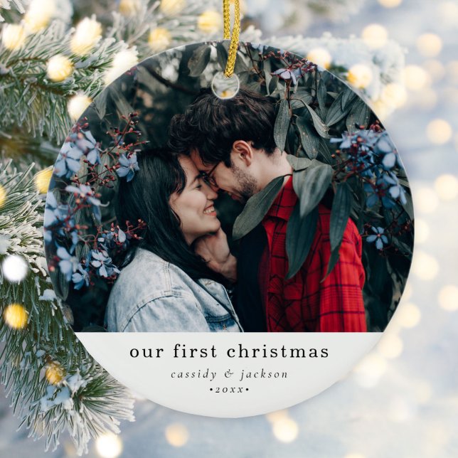 Simple Our First Christmas Engaged Couple Photo Ceramic Ornament (Creator Uploaded)