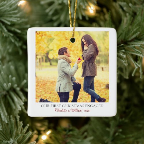 Simple Our First Christmas Engaged Photo Ceramic Ornament