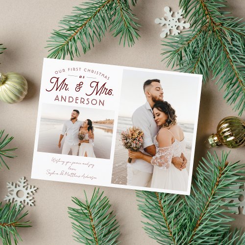 Simple Our First Christmas Mr and Mrs Two Photo Announcement Postcard