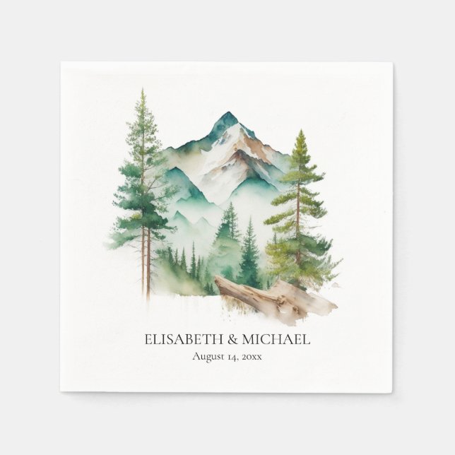 Simple Outdoor Mountain and Pine Trees Wedding Napkins (Front)