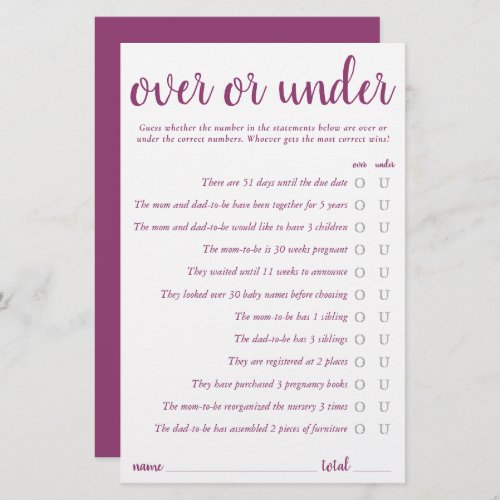 Simple Over or Under  Berry Pink Game Card