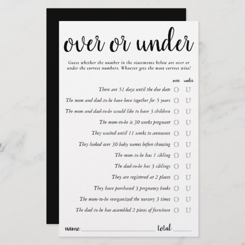 Simple Over or Under  Black and White Game Card