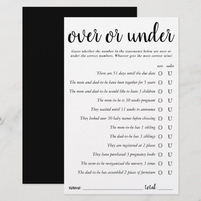 Simple Over or Under | Black and White Game Card (Front/Back)