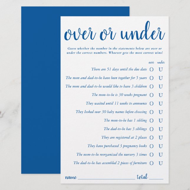 Simple Over or Under | Classic Blue Game Card (Front/Back)