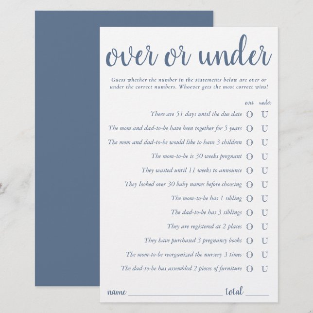Simple Over or Under | Dusty Blue Game Card (Front/Back)
