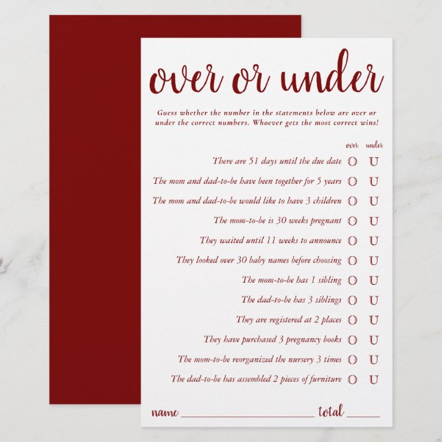 Simple Over or Under | Red Shower Game Card (Front/Back)