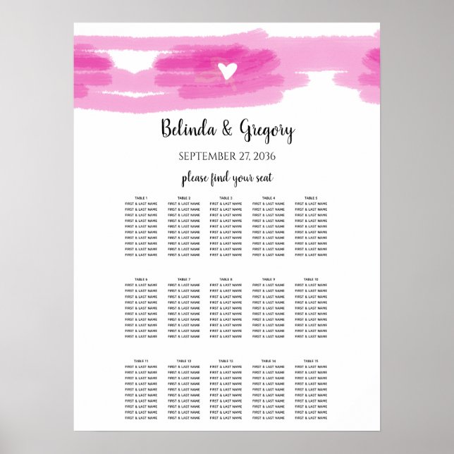 Simple Paint Strokes & Heart Wedding Seating Chart (Front)