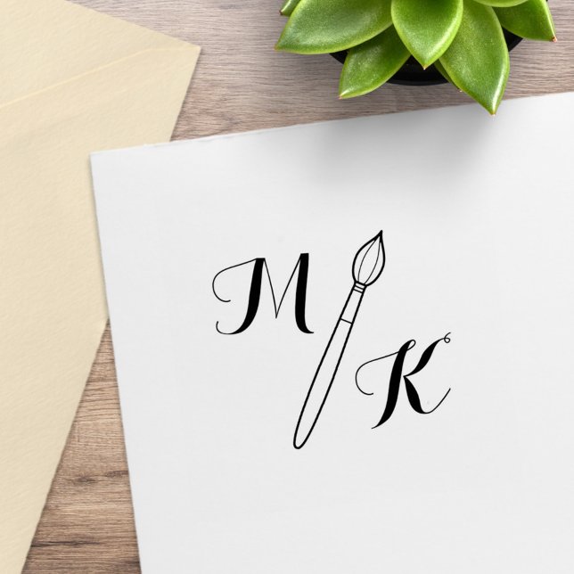 Simple Paintbrush Monogram Initials Rubber Stamp (Creator Uploaded)