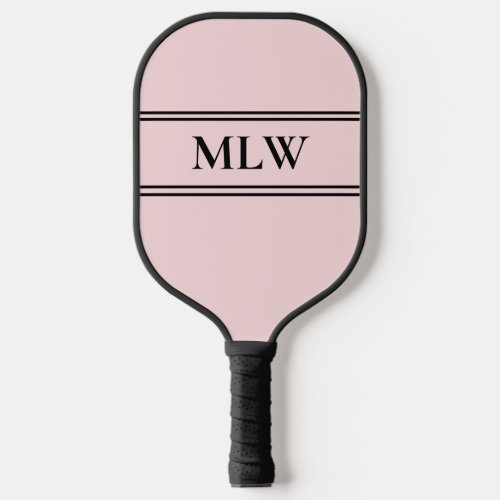 Simple Pale Pink and Black Monogrammed Pickleball Paddle