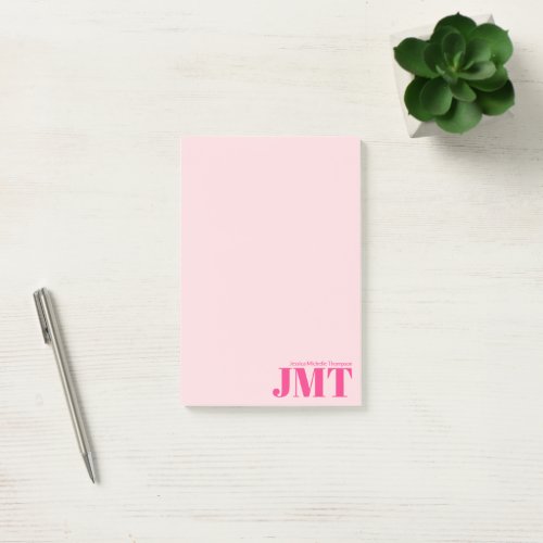 Simple Pale Pink and Bright Pink Name Monogram Post_it Notes