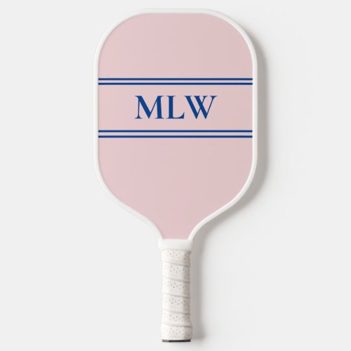Simple Pale Pink and Deep Blue Monogrammed Pickleball Paddle