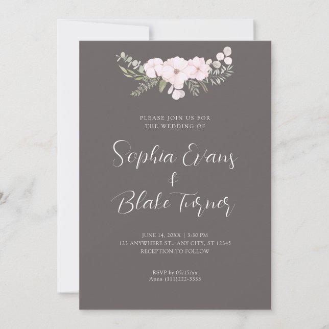 Simple Pale Pink and Green Floral Gray Wedding Invitation (Front)