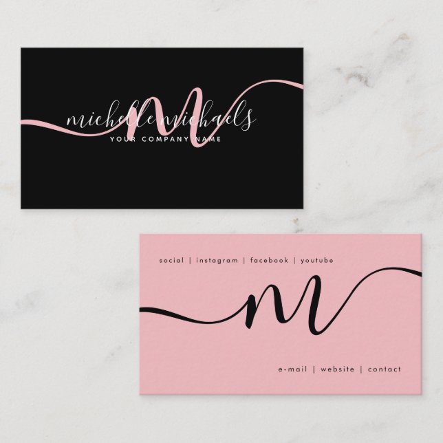  Simple Pale Pink Minimal Monogram Script Black  Business Card (Front/Back)