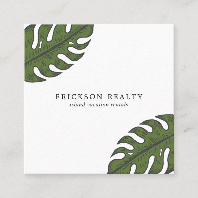 Simple Palm Leaves Modern Tropical Square Business Card (Front)