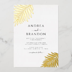 Simple Palm Tree Leaves Wedding Qr Code Gold Foil Invitation