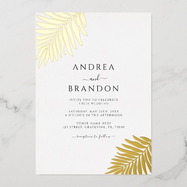 Simple Palm Tree Leaves Wedding Qr Code Gold Foil Invitation (Front)