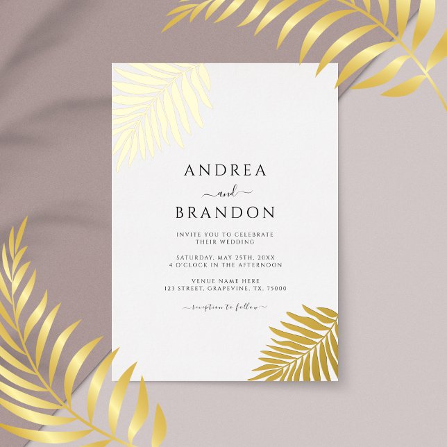 Simple Palm Tree Leaves Wedding Qr Code Gold Foil Invitation (Creator Uploaded)
