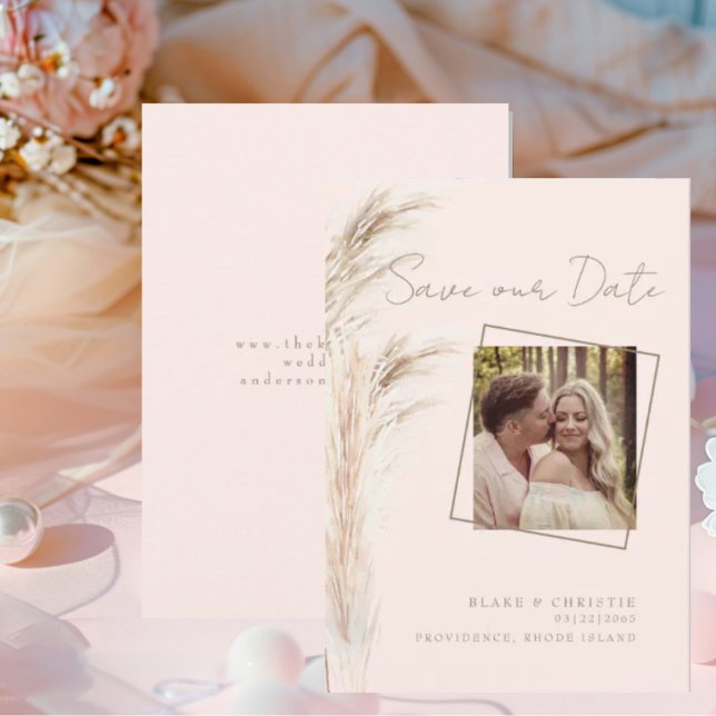 Simple Pampas Couple Photo Blush Wedding Save The Date (Creator Uploaded)