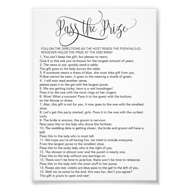 Simple Pass the Prize Bridal Shower Game Photo Print (Front)