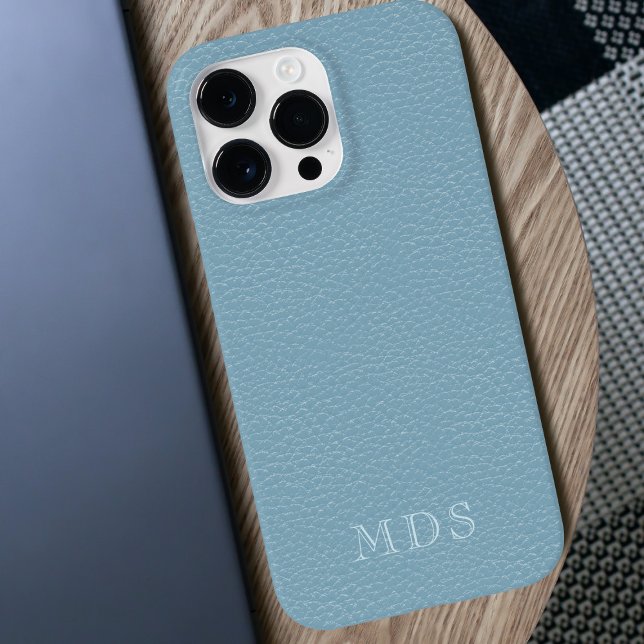 Simple Pastel Blue Faux Leather Look Monogrammed Case-Mate iPhone Case (A pretty pastel blue faux leather look phone case with space for your initials)