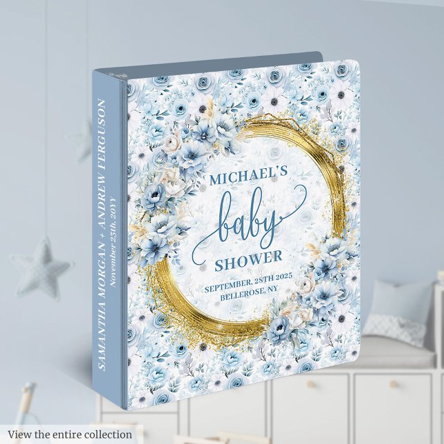 Simple pastel blue flowers and gold baby shower 3 ring binder (Simple pastel blue flowers and gold baby shower 3 ring binder)