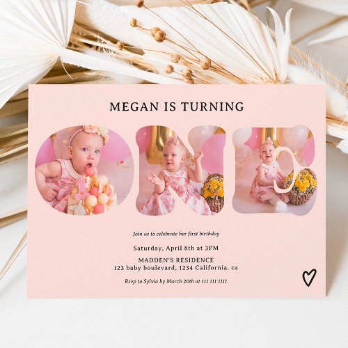 Simple pastel blush pink 3 photos 1st birthday invitation