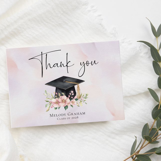 Simple Pastel Graduate Cap Flowers Graduation Thank You Card (Creator Uploaded)