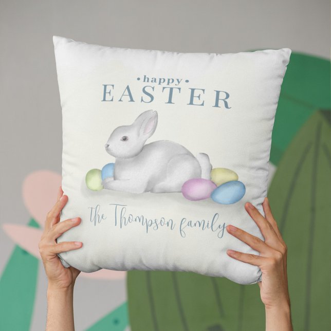 Simple Pastel Happy Easter Bunny Cute Classic Throw Pillow (Cute Easter bunny Happy Easter typography throw pillow. )