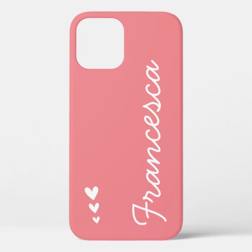Simple Pastel Pink and White Hearts Custom Name iPhone 12 Case
