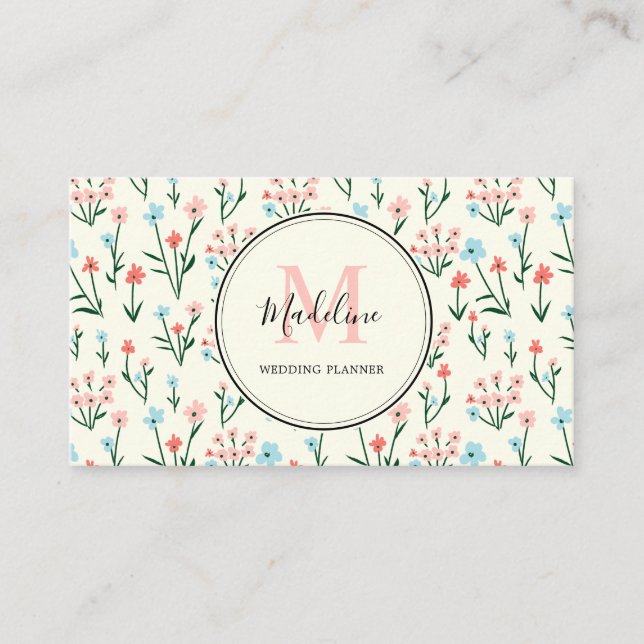 Simple Pastel Pink Blue Flowers Pattern Business C Business Card (Front)