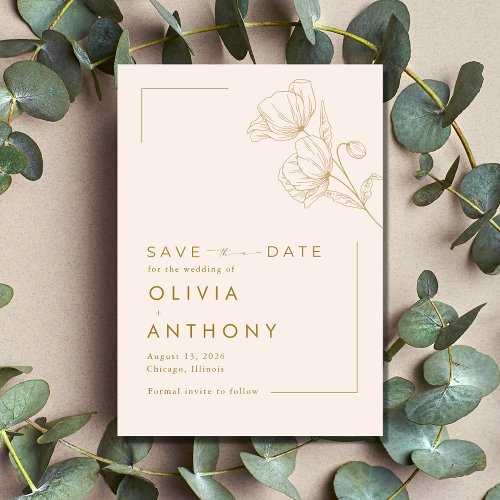 Simple Pastel Pink Gold Floral Photo Wedding  Save The Date