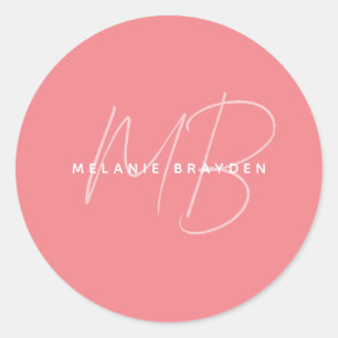 Simple Pastel Pink Minimalist Two Monogram Name Classic Round Sticker