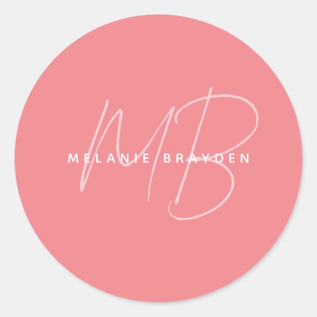 Simple Pastel Pink Minimalist Two Monogram Name Classic Round Sticker (Front)