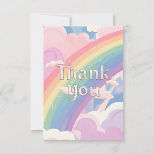 Simple Pastel Rainbow and Clouds Thank You Card (Front)