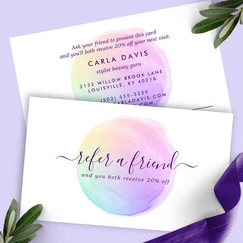 Simple Pastel Rainbow Watercolor Referral Card