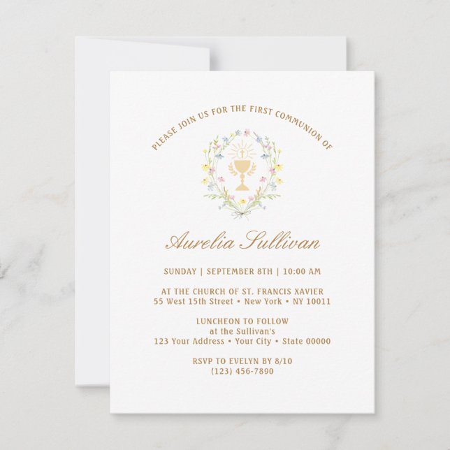 Simple Pastel Wildflowers Wreath First Communion Invitation (Front)