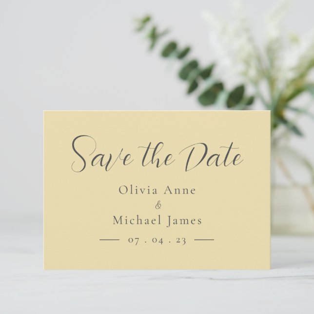 Simple Pastel Yellow & White Script Wedding  Save The Date (Standing Front)