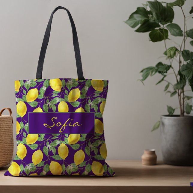 Simple pattern lemon flower leave purple tote bag (Creator Uploaded)