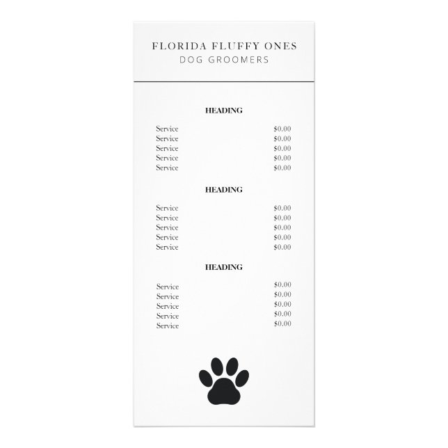 Simple Paw Print Dog Groomer Services Price List Rack Card (Front)