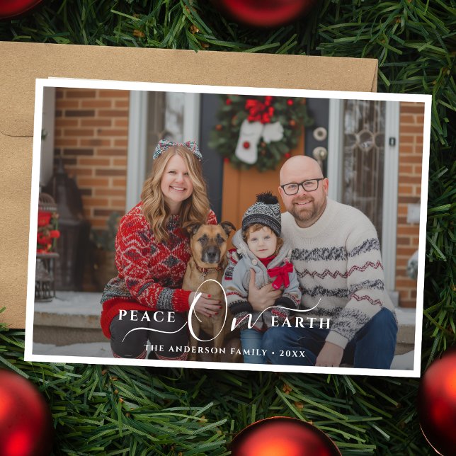 Simple Peace On Earth Family Dog Photo Christmas Holiday Card (Creator Uploaded)