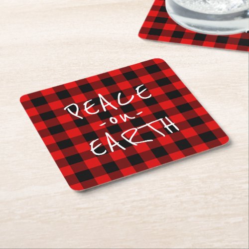 Simple Peace On Earth Wish Red Black Plaid Square Paper Coaster