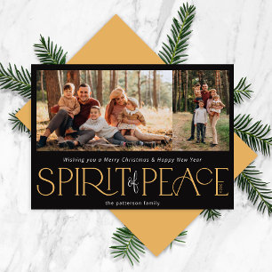 Simple Peace Photo Black Gold Holiday Card