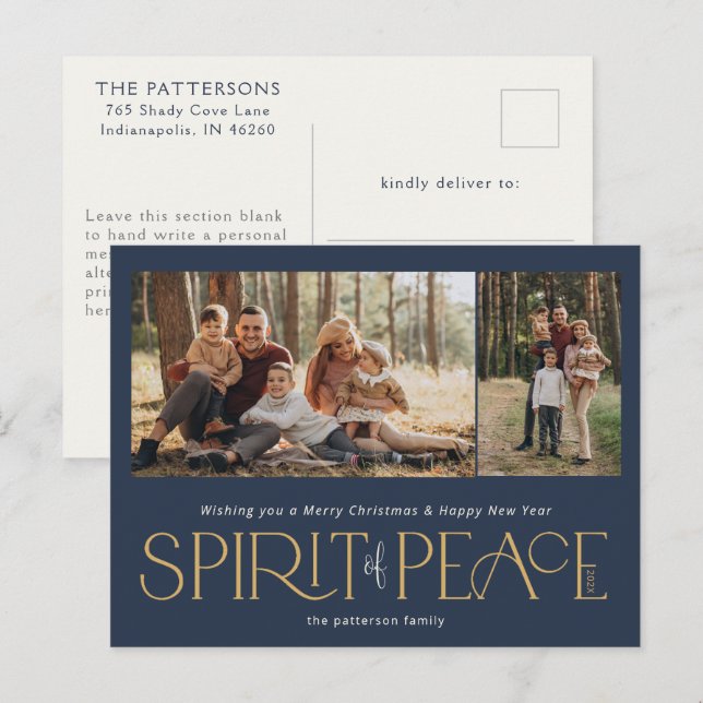 Simple Peace Photo Navy Gold Holiday Postcard (Front/Back)