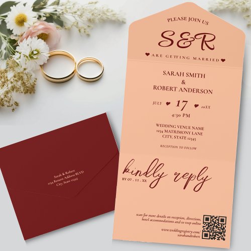 Simple Peach Fuzz  Dark Red QR Code Wedding All In One Invitation