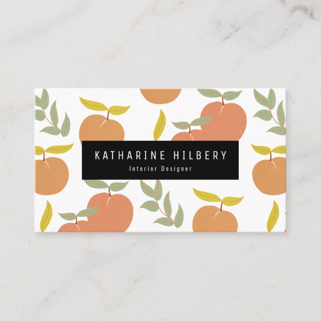 Simple Peach & Leaf Pattern Pink Business Card (Front)