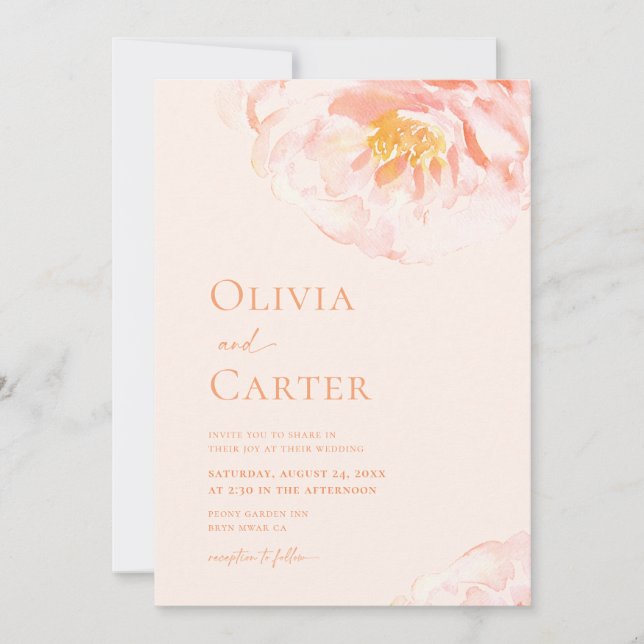 Simple Peach Modern Floral Watercolor Wedding Invitation (Front)