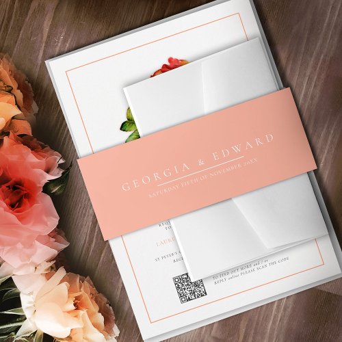 Simple peach orange and white text wedding invitation belly band